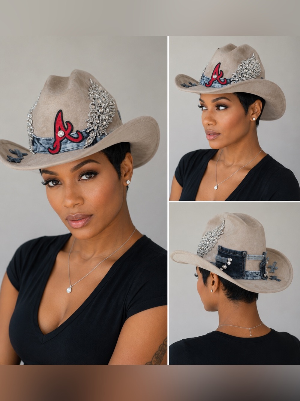 ATlanta braves inspired bejeweled Beige Cowboy Hat w denim accents